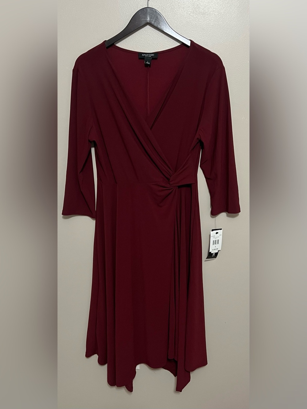 NWT Perceptions NY midi faux wrap dress Wine Handkerchief Dress Size Large